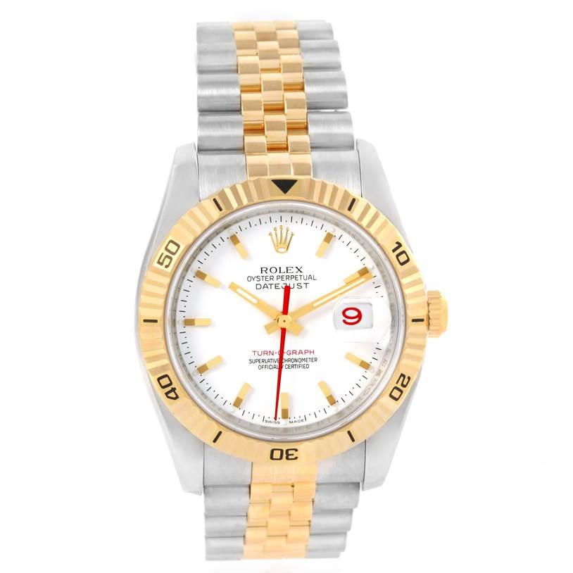 This Rolex Turn-o-Graph 116263 Men's Stainless Steel White Dial 116263 Men's Stainless Steel White Dial watch is displayed from a top-down angle, showcasing its dial, bezel, and bracelet.