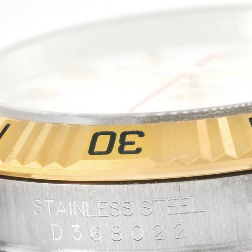Close-up shot showing the bezel with "30" marking and the case back engraving of the Rolex Turn-o-Graph 116263 Men's Stainless Steel White Dial 116263 Men's Stainless Steel White Dial watch.