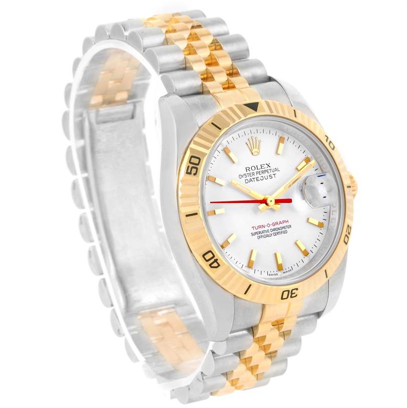 The Rolex Turn-o-Graph 116263 Men's Stainless Steel White Dial 116263 Men's Stainless Steel White Dial watch is shown at a three-quarter angle, highlighting its bezel, face, and two-tone bracelet.