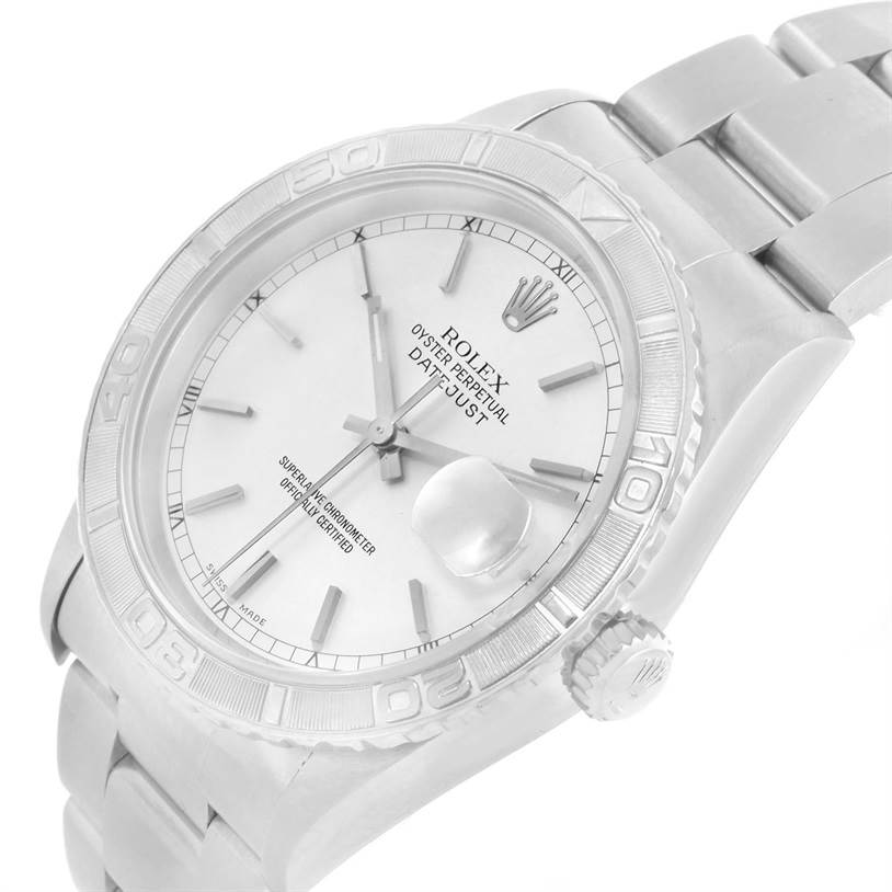 The Rolex Turn-o-Graph 16264 Men
s Stainless Steel White Dial 16264 Men
s Stainless Steel White Dial watch is shown at a slight angle, highlighting the dial, bezel, and crown.