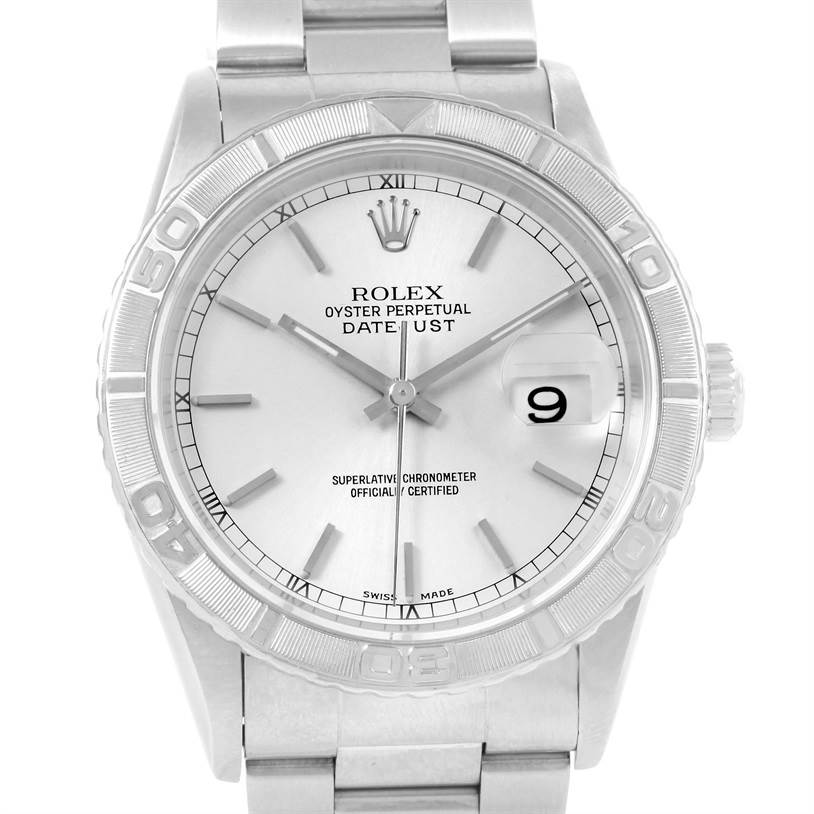 This image shows a front view of a Rolex Turn-o-Graph 16264 Men
s Stainless Steel White Dial 16264 Men
s Stainless Steel White Dial watch, highlighting its face, bezel, and part of the bracelet.