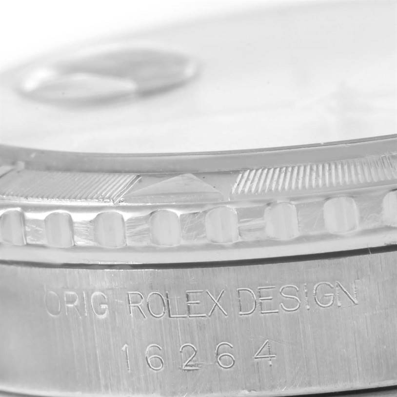 This close-up image of the Rolex Turn-o-Graph 16264 Men
s Stainless Steel White Dial 16264 Men
s Stainless Steel White Dial model shows the side angle with bezel detail and engraved model number 16264.