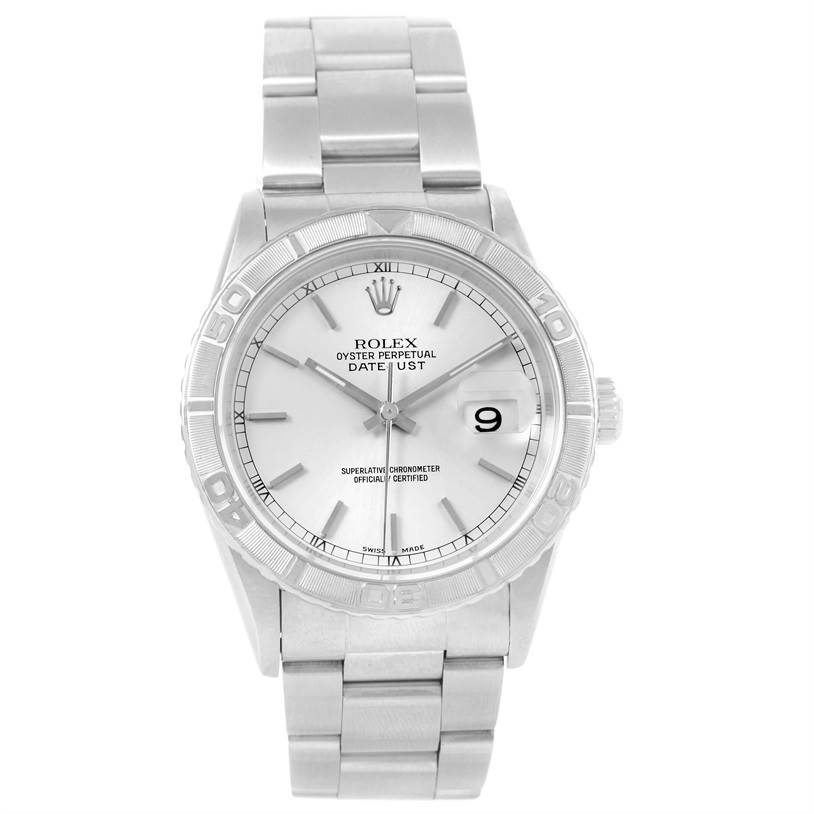 The image shows a front view of the Rolex Turn-o-Graph 16264 Men
s Stainless Steel White Dial 16264 Men
s Stainless Steel White Dial watch displaying its bezel, dial, hands, date window, and bracelet.