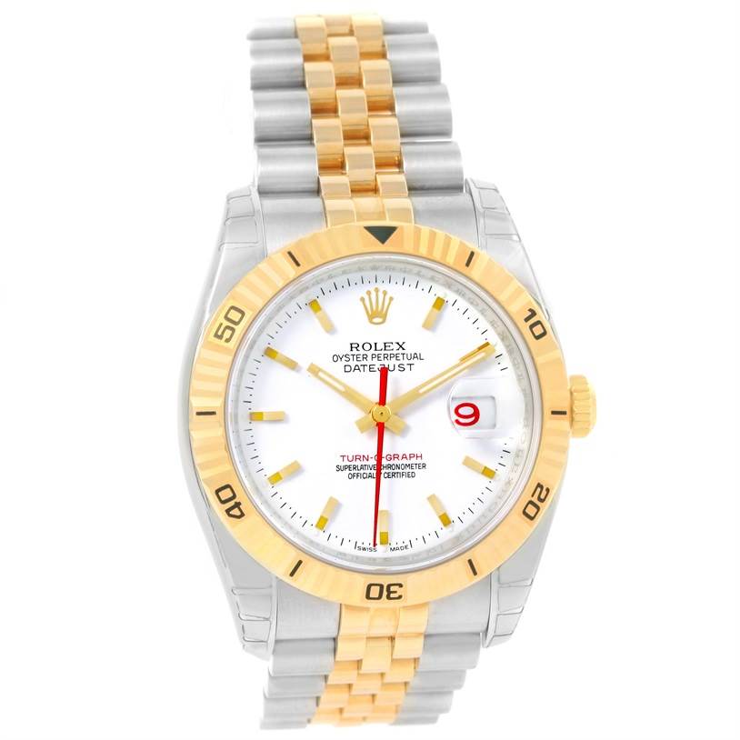 The image shows a front view of the Rolex Turn-o-Graph 116263 Men's Stainless Steel White Dial 116263 Men's Stainless Steel White Dial watch, featuring its gold and silver bracelet, and white and gold dial.
