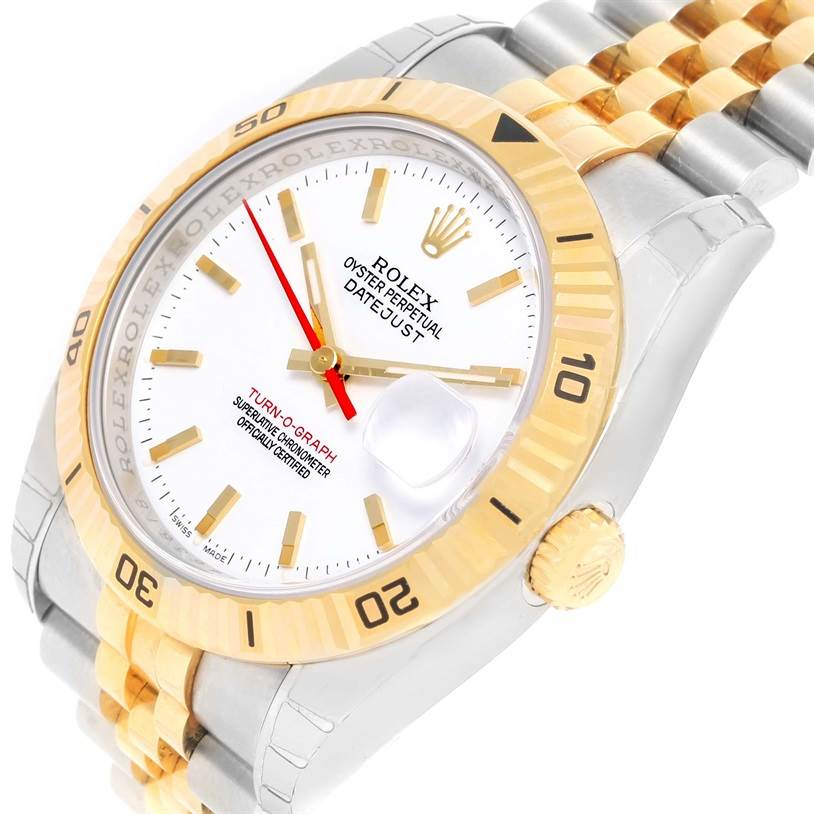 The image shows an angled view of the Rolex Turn-o-Graph 116263 Men's Stainless Steel White Dial 116263 Men's Stainless Steel White Dial watch, highlighting the bezel, dial, and stainless steel and gold bracelet.