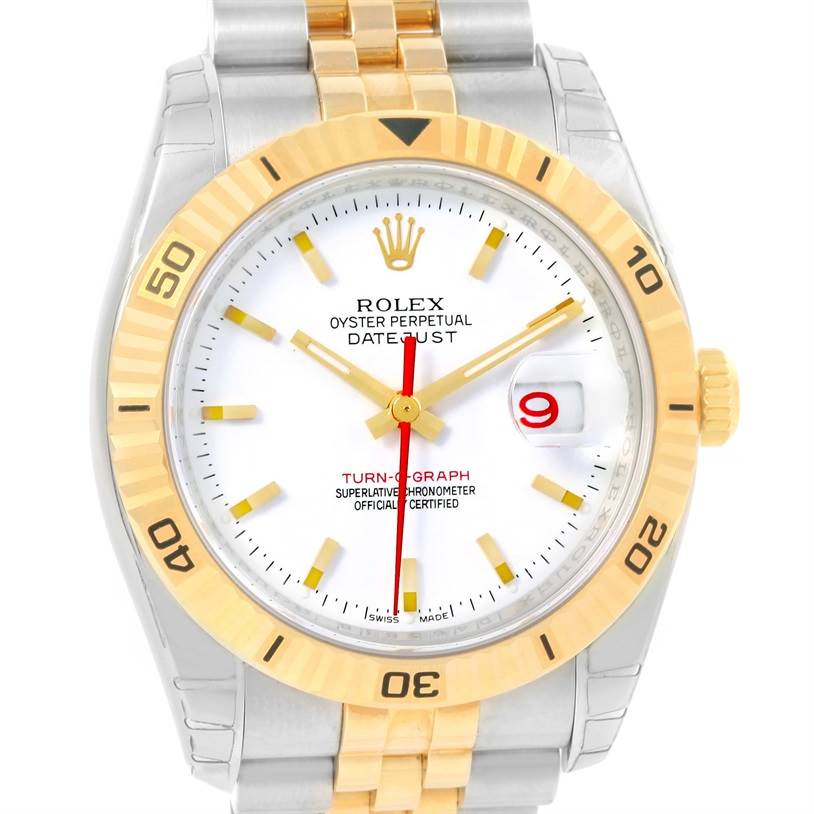 This image shows the face and part of the bracelet of a Rolex Turn-o-Graph 116263 Men's Stainless Steel White Dial 116263 Men's Stainless Steel White Dial watch from a front angle.