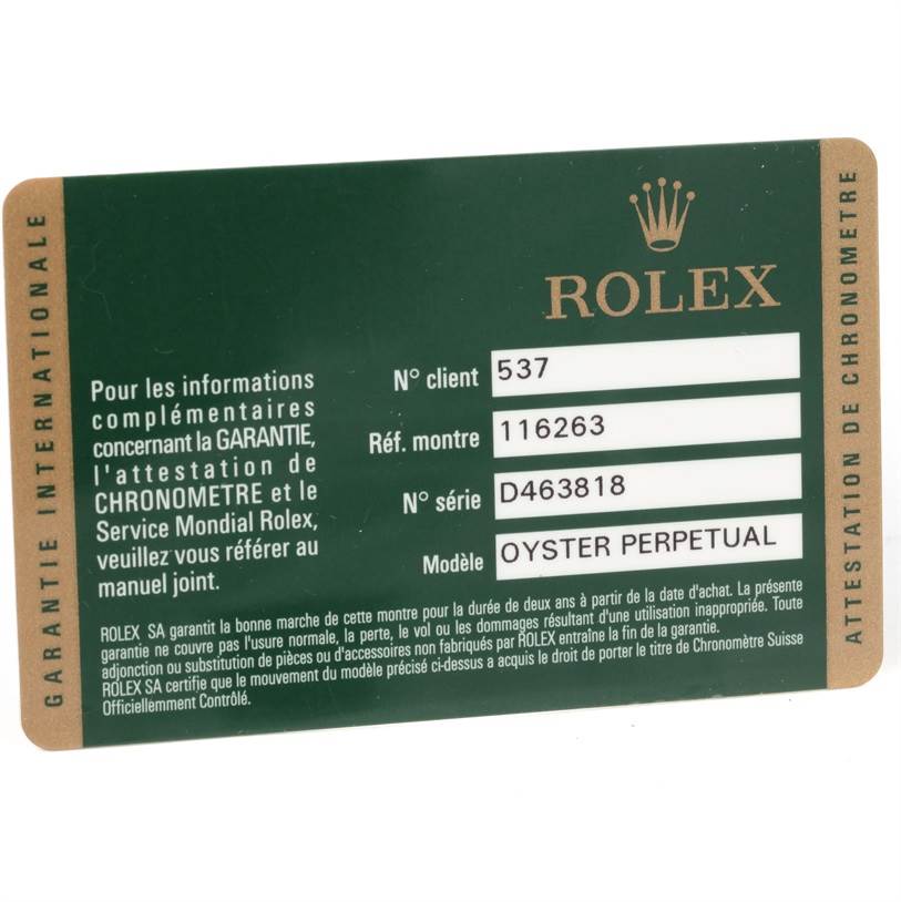 The image shows a guarantee card for a Rolex Oyster Perpetual Turn-o-Graph model watch.