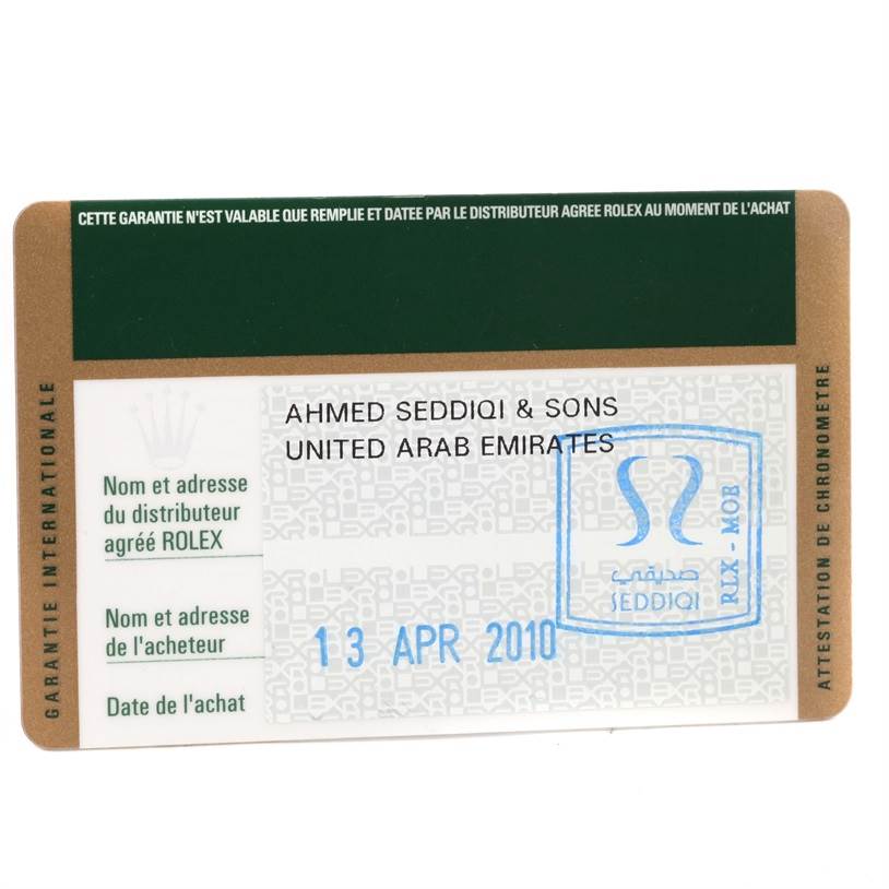 This image shows the warranty card of a Rolex Turn-o-Graph 116263 Men's Stainless Steel White Dial 116263 Men's Stainless Steel White Dial watch from an authorized dealer in the UAE, dated April 13, 2010.