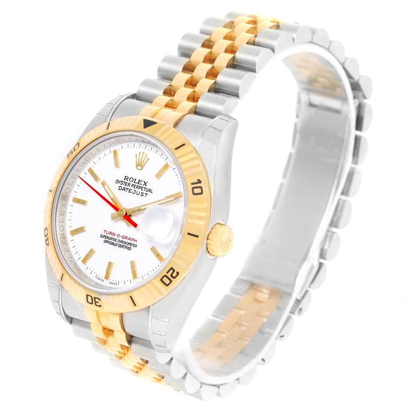 The Rolex Turn-o-Graph 116263 Men's Stainless Steel White Dial 116263 Men's Stainless Steel White Dial watch is shown at an angled view, featuring its dial, bezel, crown, and two-tone bracelet.