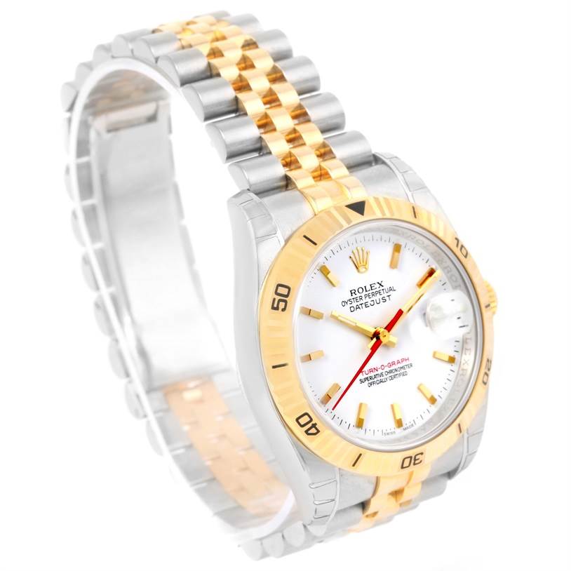 This Rolex Turn-o-Graph 116263 Men's Stainless Steel White Dial 116263 Men's Stainless Steel White Dial watch is shown at a slight angle, displaying its face, bezel, and two-tone bracelet.