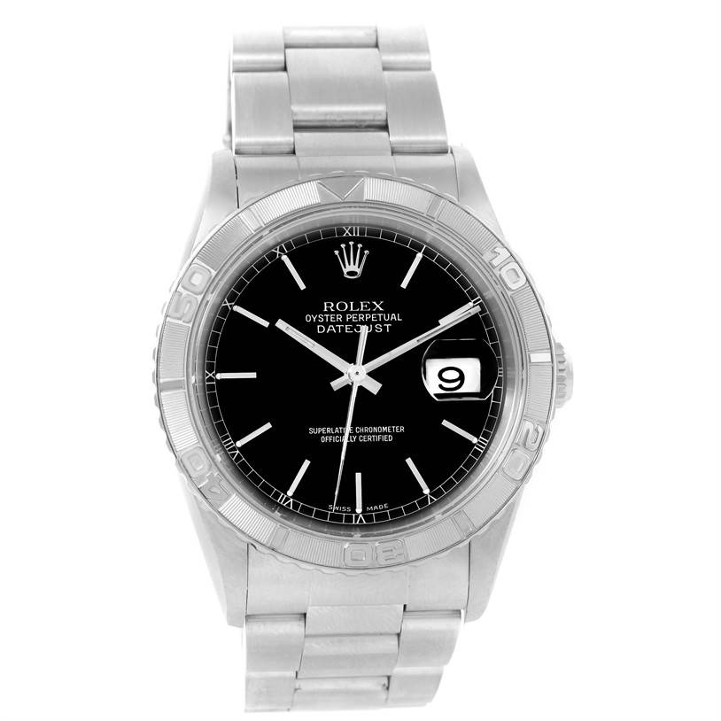 The image shows a front view of a Rolex Turn-o-Graph 16264 Men's Stainless Steel Black Dial 16264 Men's Stainless Steel Black Dial watch, highlighting its bezel, dial, hands, and bracelet.