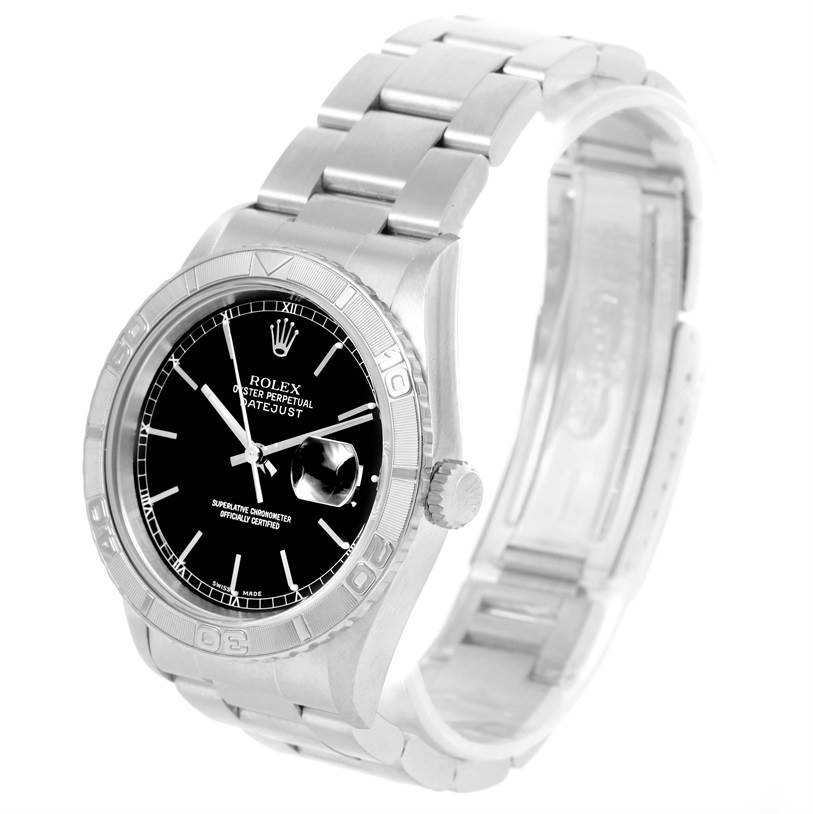 This Rolex Turn-o-Graph 16264 Men's Stainless Steel Black Dial 16264 Men's Stainless Steel Black Dial watch is shown from a front angle, displaying its black dial, bezel, crown, and metal bracelet.