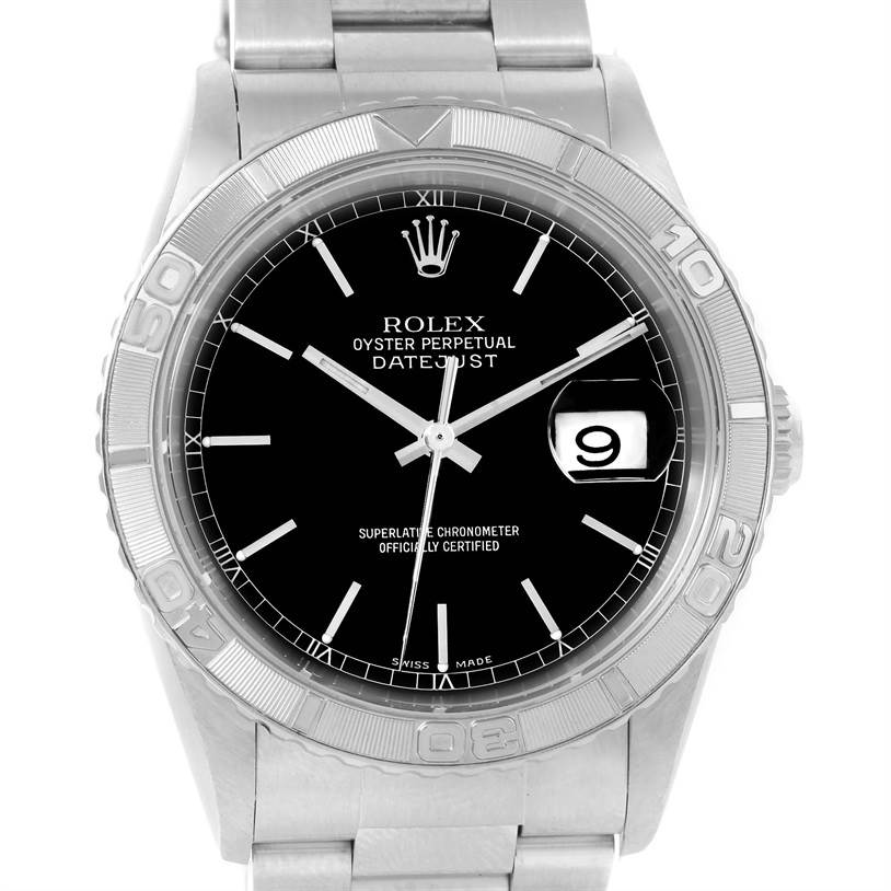 The Rolex Turn-o-Graph 16264 Men's Stainless Steel Black Dial 16264 Men's Stainless Steel Black Dial watch is shown from a front view, featuring the dial, bezel, and portion of the bracelet.