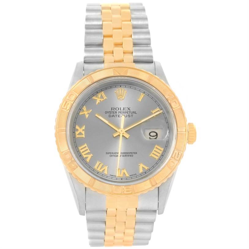 The image shows a front view of a Rolex Turn-o-Graph 16263 Men's Steel and Gold (two tone) Grey Dial 16263 Men's Steel and Gold (two tone) Grey Dial watch, highlighting the dial, bezel, and bracelet.