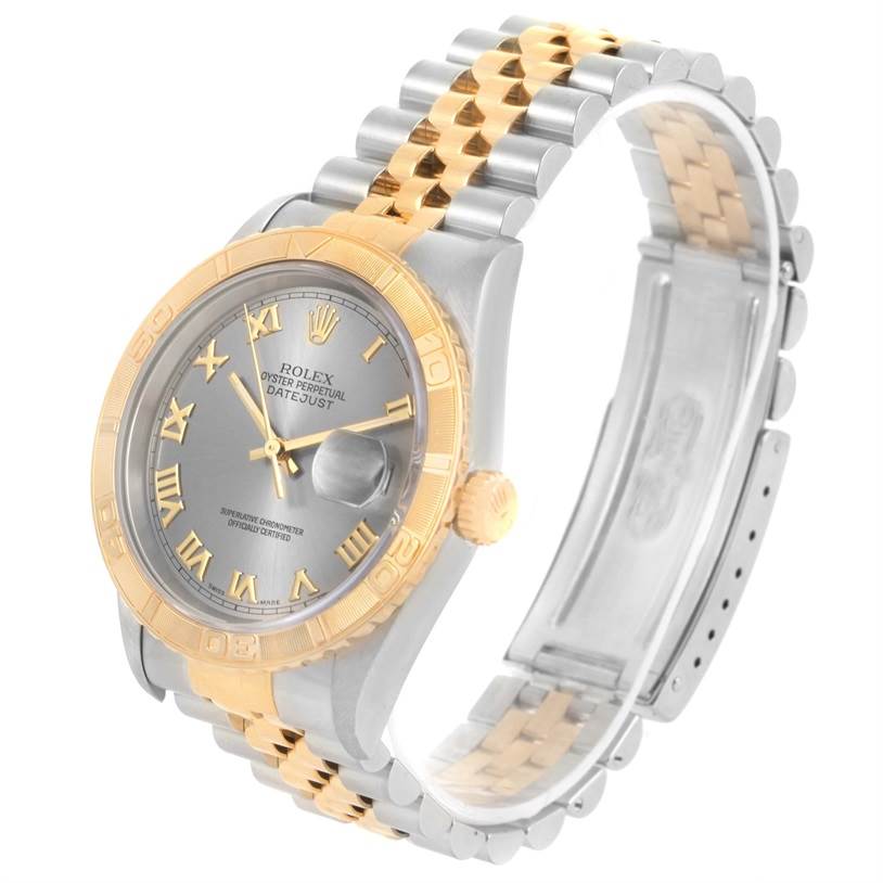 The image shows a Rolex Turn-o-Graph 16263 Men's Steel and Gold (two tone) Grey Dial 16263 Men's Steel and Gold (two tone) Grey Dial model watch at a slight angle, displaying its face, bezel, crown, and two-tone bracelet.