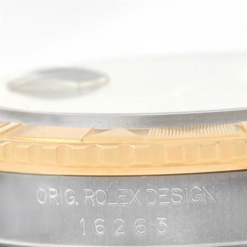 This image shows a close-up, angled view of the bezel and case of a Rolex Turn-o-Graph 16263 Men's Steel and Gold (two tone) Grey Dial 16263 Men's Steel and Gold (two tone) Grey Dial watch, showcasing its design details and model number.