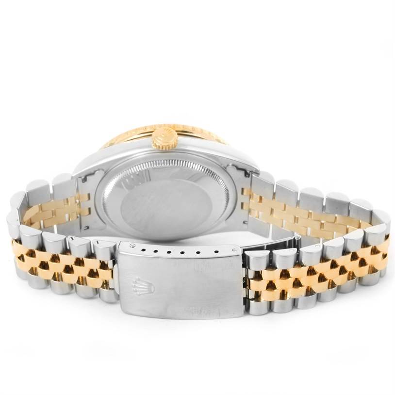 This image shows the back view of a Rolex Turn-o-Graph 16263 Men's Steel and Gold (two tone) Grey Dial 16263 Men's Steel and Gold (two tone) Grey Dial watch, featuring its clasp, bracelet, and case back.