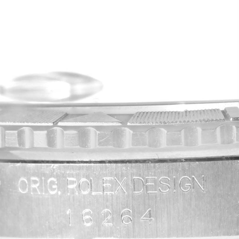 The image shows a close-up of the bezel and the case side of the Rolex Turn-o-Graph 16264 Men's Stainless Steel Black Dial 16264 Men's Stainless Steel Black Dial model, with the reference number engraved.