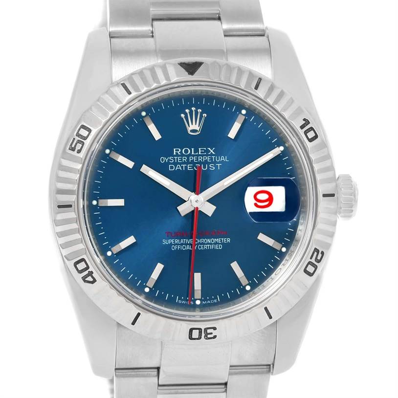 The image shows a Rolex Turn-o-Graph 116264 Men's Stainless Steel Blue Dial 116264 Men's Stainless Steel Blue Dial watch face from a front angle, including the bezel, dial, hands, and bracelet.