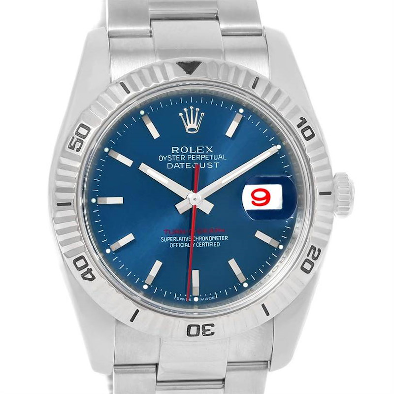 The image shows a Rolex Turn-o-Graph watch face from a front angle, including the bezel, dial, hands, and bracelet.