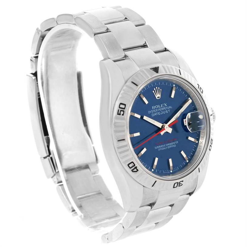 The image shows a Rolex Turn-o-Graph 116264 Men's Stainless Steel Blue Dial 116264 Men's Stainless Steel Blue Dial watch at a slight angle displaying its blue dial, stainless steel bracelet, and rotating bezel.