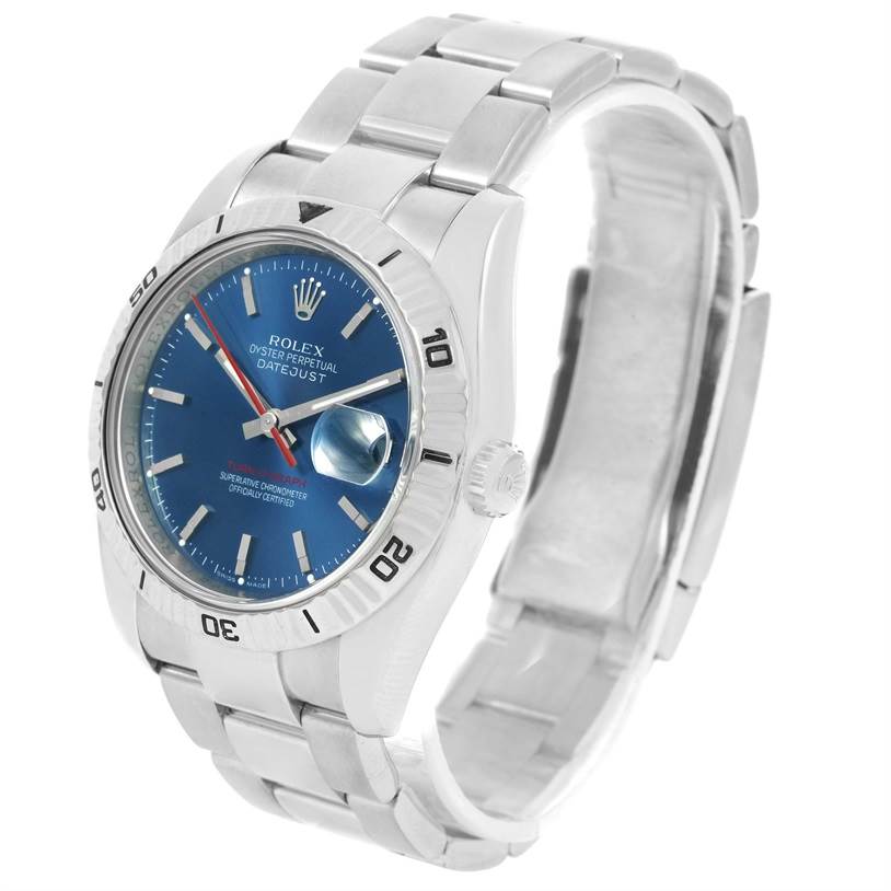 This image shows a Rolex Turn-o-Graph 116264 Men's Stainless Steel Blue Dial 116264 Men's Stainless Steel Blue Dial watch at a slight angle, highlighting its blue dial, bezel, and stainless steel bracelet.
