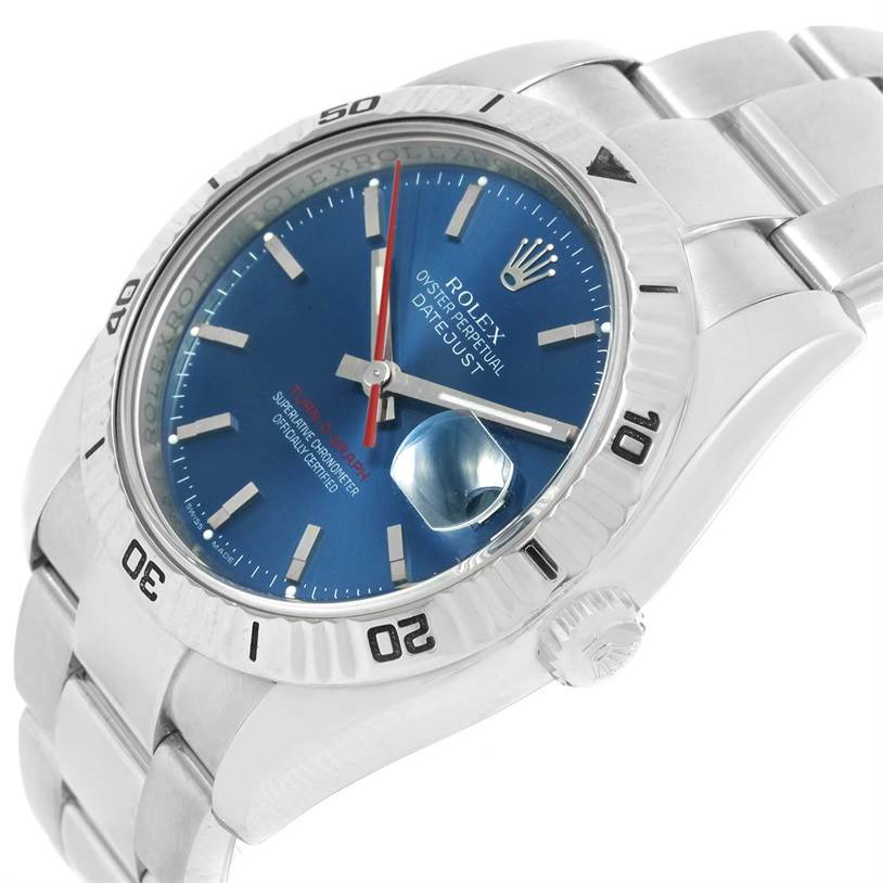 The image shows a Rolex Turn-o-Graph 116264 Men's Stainless Steel Blue Dial 116264 Men's Stainless Steel Blue Dial watch at a slight side angle highlighting its blue dial, bezel, and bracelet.