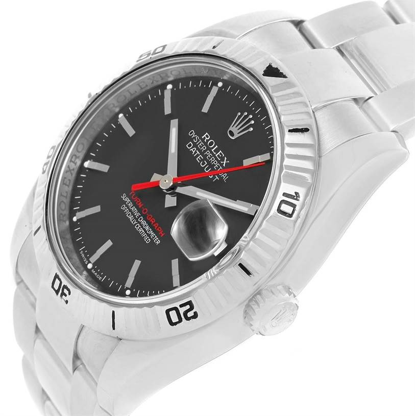 The Rolex Turn-o-Graph 116264 Men's Stainless Steel Black Dial 116264 Men's Stainless Steel Black Dial watch is shown at a three-quarter angle, highlighting the face, bezel, and bracelet.