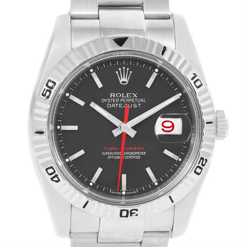 The image shows a front view of the Rolex Turn-o-Graph 116264 Men's Stainless Steel Black Dial 116264 Men's Stainless Steel Black Dial watch with its bezel, dial, and bracelet visible.