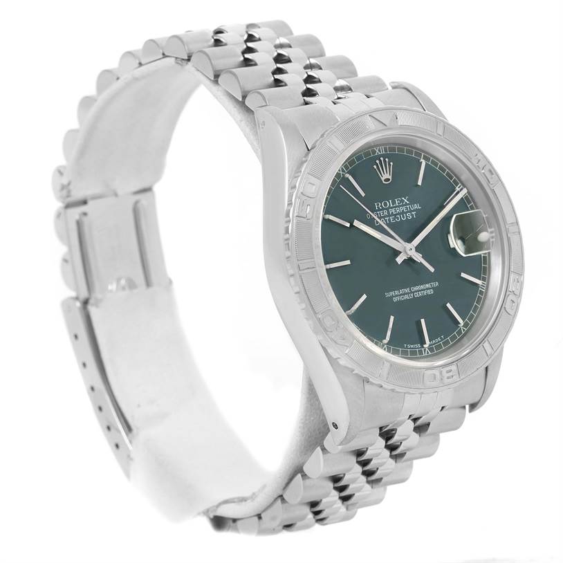 This image shows the Rolex Turn-o-Graph 16264 Men's Stainless Steel Grey Dial 16264 Men's Stainless Steel Grey Dial watch from a three-quarter view, highlighting the face, bezel, and bracelet.