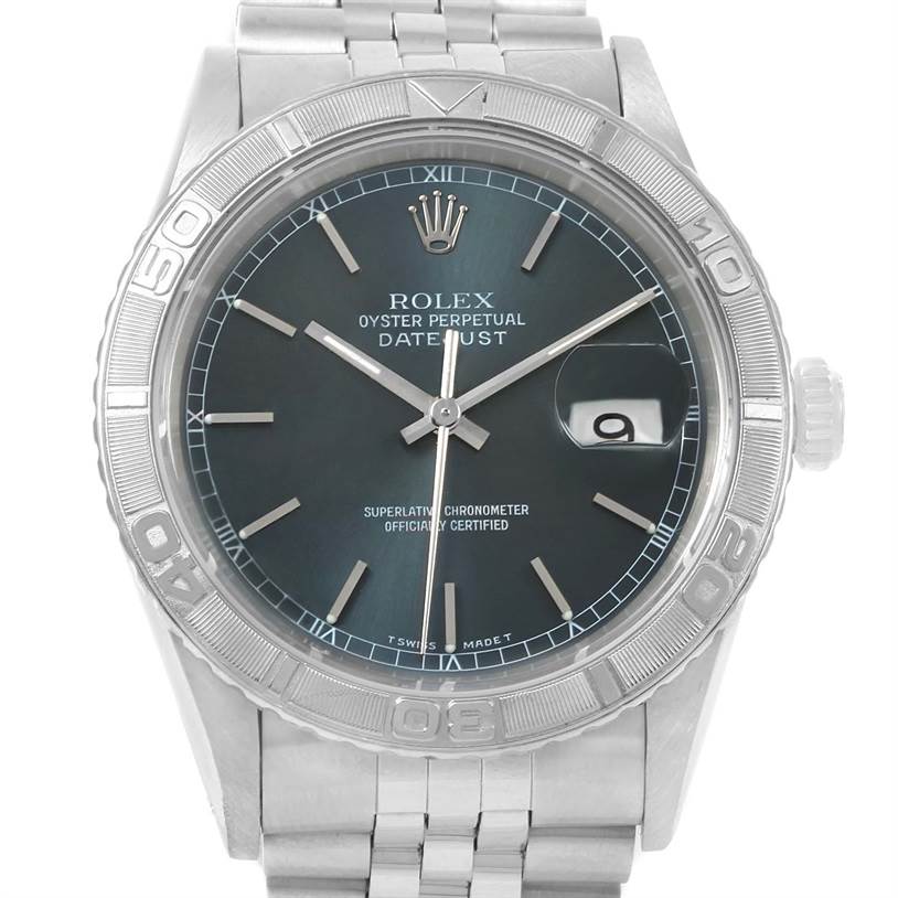 The image shows a front view of the Rolex Turn-o-Graph 16264 Men's Stainless Steel Grey Dial 16264 Men's Stainless Steel Grey Dial watch, displaying the dial, bezel, crown, and part of the bracelet.