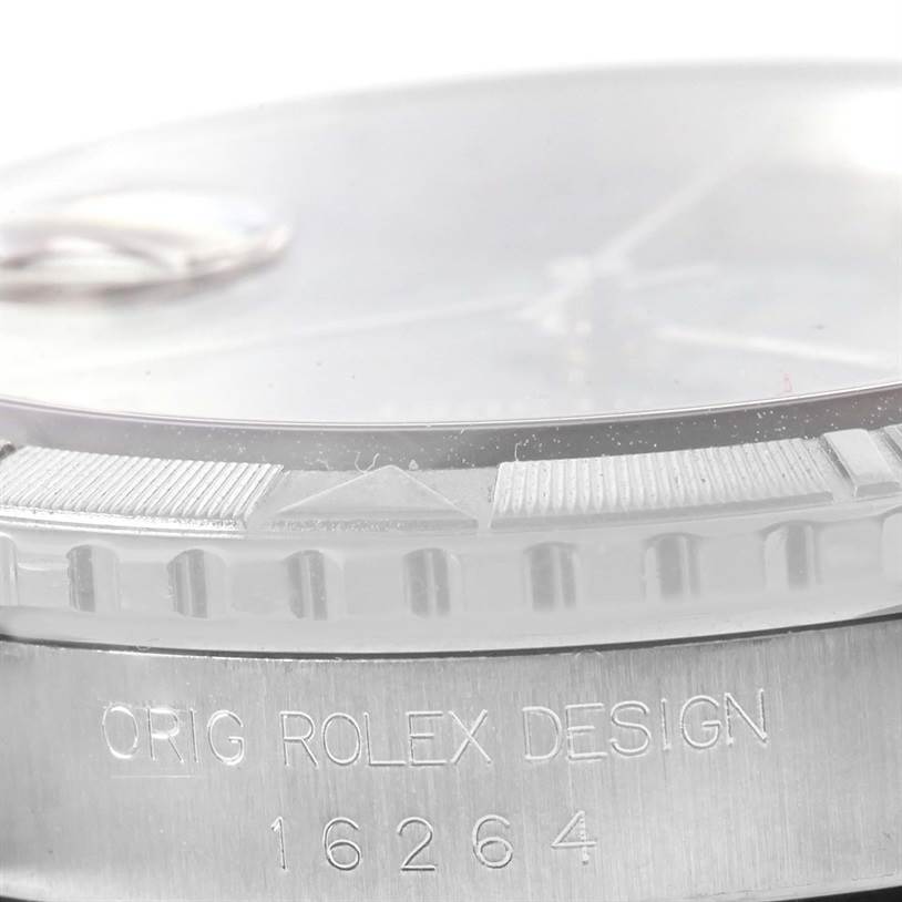 This image shows a close-up side view of the bezel and case of the Rolex Turn-o-Graph 16264 Men's Stainless Steel Grey Dial 16264 Men's Stainless Steel Grey Dial model, highlighting the text "ORIG ROLEX DESIGN 16264."