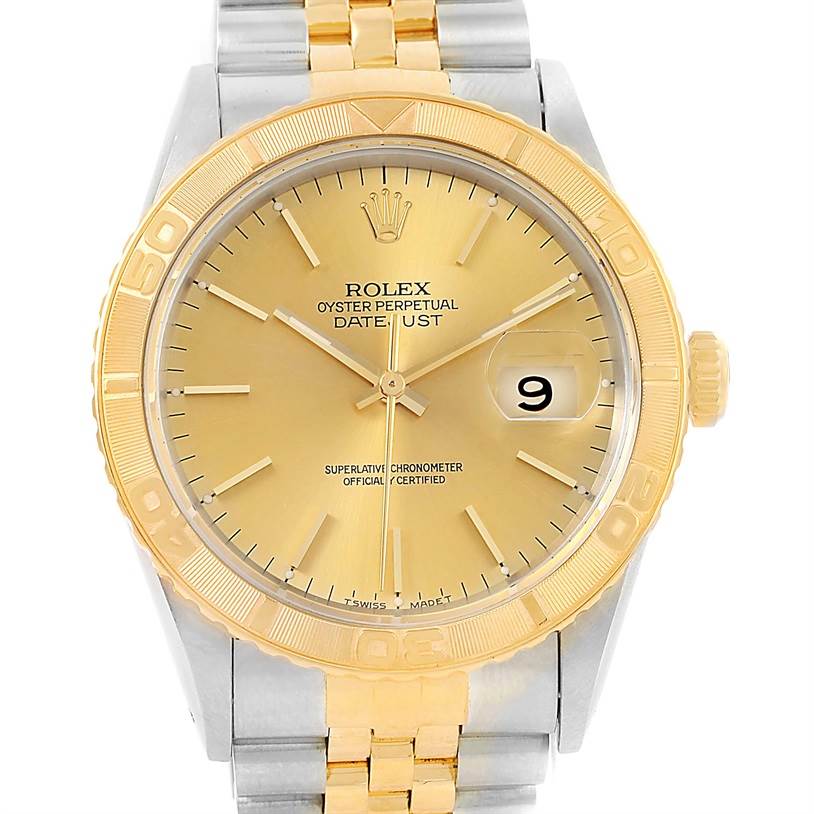 The Rolex Turn-o-Graph 16263 Men's Steel and Gold (two tone) Champagne Dial 16263 Men's Steel and Gold (two tone) Champagne Dial watch is shown from a straight-on angle, displaying its face, bezel, and bracelet.