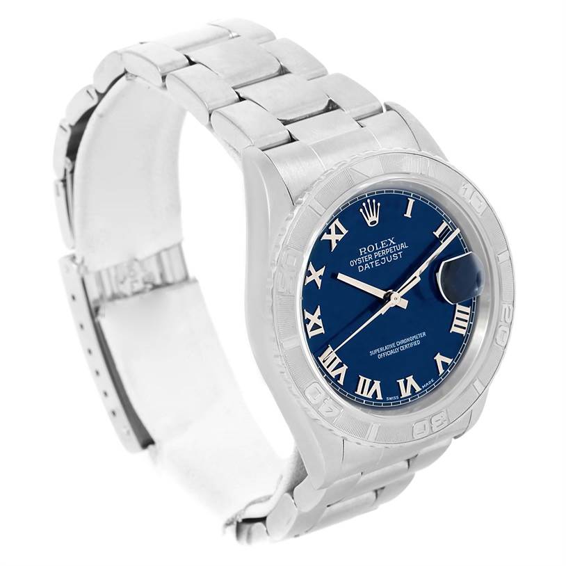 The image shows a Rolex Turn-o-Graph 16264 Men's Stainless Steel Blue Dial 16264 Men's Stainless Steel Blue Dial watch at a three-quarter angle, displaying the face, bezel, and part of the bracelet.