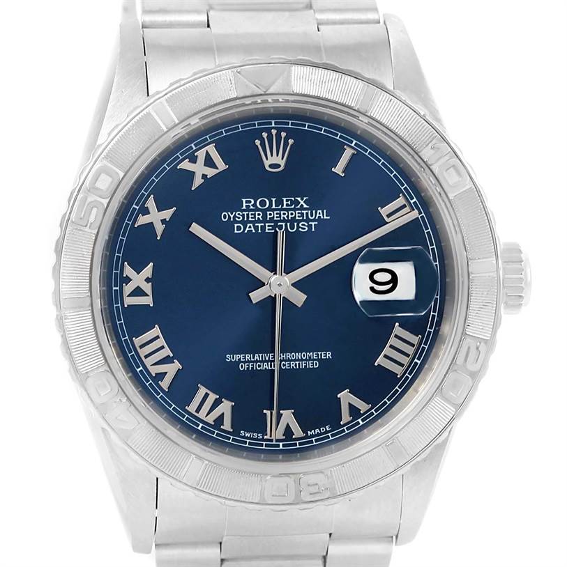 This image shows a front view of a Rolex Turn-o-Graph 16264 Men's Stainless Steel Blue Dial 16264 Men's Stainless Steel Blue Dial watch, highlighting its dial, date display, and bezel.