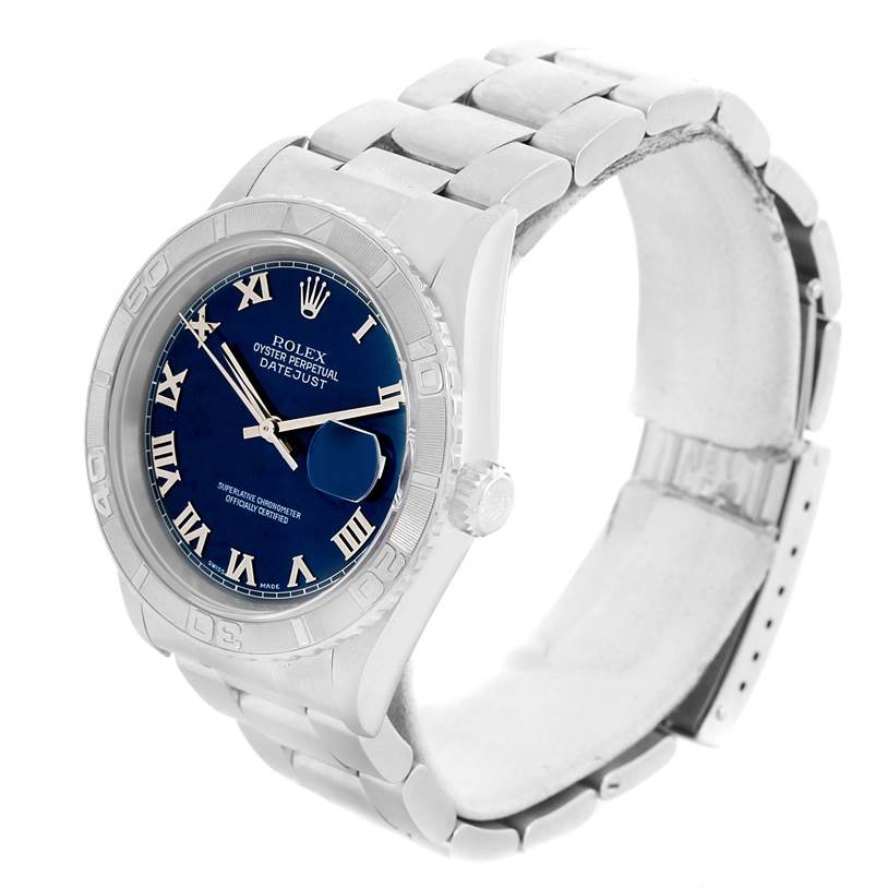 The image shows a Rolex Turn-o-Graph 16264 Men's Stainless Steel Blue Dial 16264 Men's Stainless Steel Blue Dial Datejust watch from a front-left angle, highlighting the bracelet, dial, and bezel.