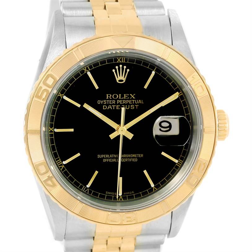 This image shows a front view of the Rolex Turn-o-Graph 16263 Men
s Steel and Gold (two tone) Black Dial 16263 Men
s Steel and Gold (two tone) Black Dial watch, featuring its dial, bezel, and bracelet.