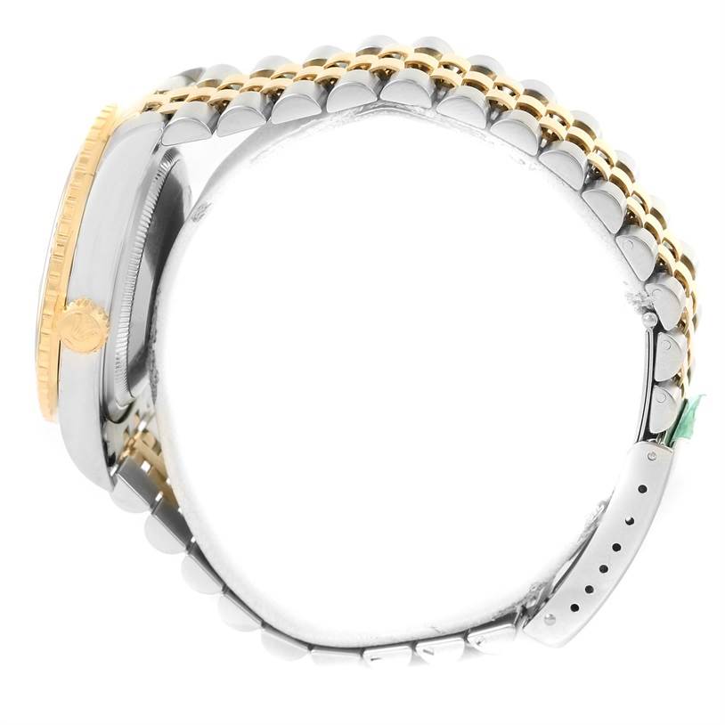 The image shows a side view of the Rolex Turn-o-Graph 16263 Men
s Steel and Gold (two tone) Black Dial 16263 Men
s Steel and Gold (two tone) Black Dial watch, highlighting its two-tone bracelet and crown.