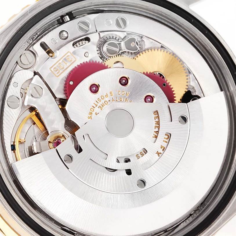 This image shows the intricate internal mechanism and gears of a Rolex Turn-o-Graph 16263 Men
s Steel and Gold (two tone) Black Dial 16263 Men
s Steel and Gold (two tone) Black Dial model watch.