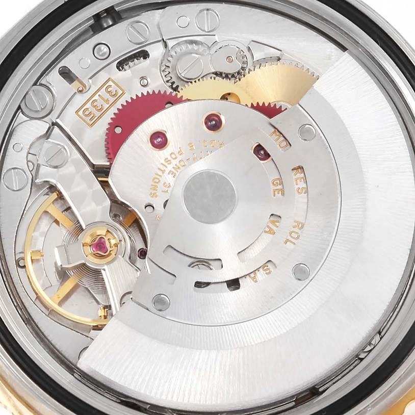 The image shows the intricate internal mechanism and gears of the Rolex Turn-o-Graph 16263 Men's Steel and Gold (two tone) White Dial 16263 Men's Steel and Gold (two tone) White Dial model watch from a back angle.