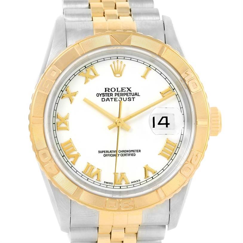 The image shows a Rolex Turn-o-Graph 16263 Men's Steel and Gold (two tone) White Dial 16263 Men's Steel and Gold (two tone) White Dial model watch from a front angle, highlighting the dial, bezel, and part of the bracelet.