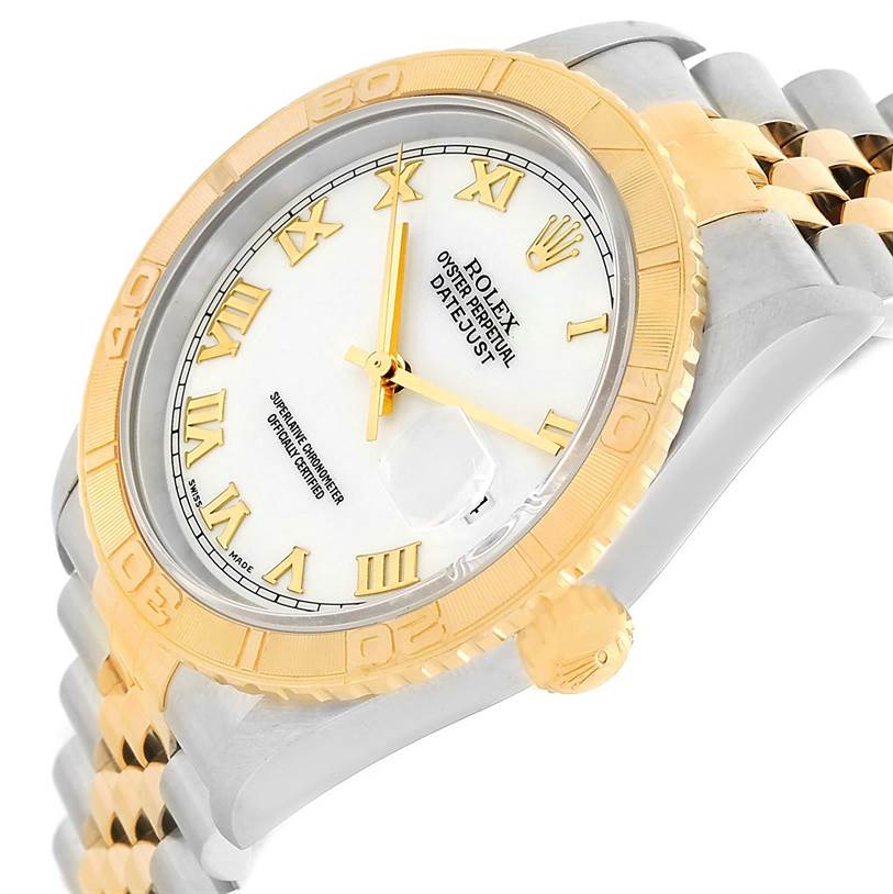 The image shows a Rolex Turn-o-Graph 16263 Men's Steel and Gold (two tone) White Dial 16263 Men's Steel and Gold (two tone) White Dial watch at a tilted angle, highlighting its gold bezel, crown, and two-tone bracelet.