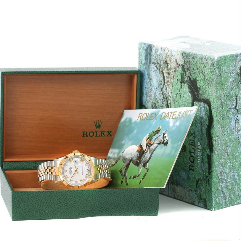 The image shows a Rolex Turn-o-Graph 16263 Men's Steel and Gold (two tone) White Dial 16263 Men's Steel and Gold (two tone) White Dial watch at an angled view, displayed in an open Rolex box with accompanying booklet.