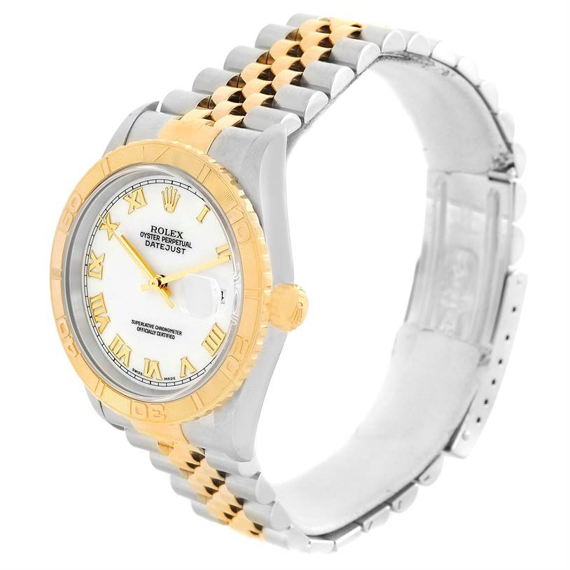 The Rolex Turn-o-Graph 16263 Men's Steel and Gold (two tone) White Dial 16263 Men's Steel and Gold (two tone) White Dial watch is shown at a slight angle, highlighting its bracelet, face, bezel, and crown.