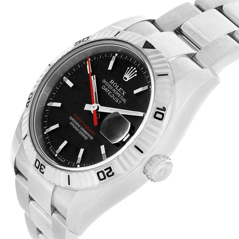This image shows a close-up of the Rolex Turn-o-Graph 116264 Men
s Stainless Steel Black Dial 116264 Men
s Stainless Steel Black Dial watch displaying the dial, bezel, crown, and part of the bracelet at a slight angle.