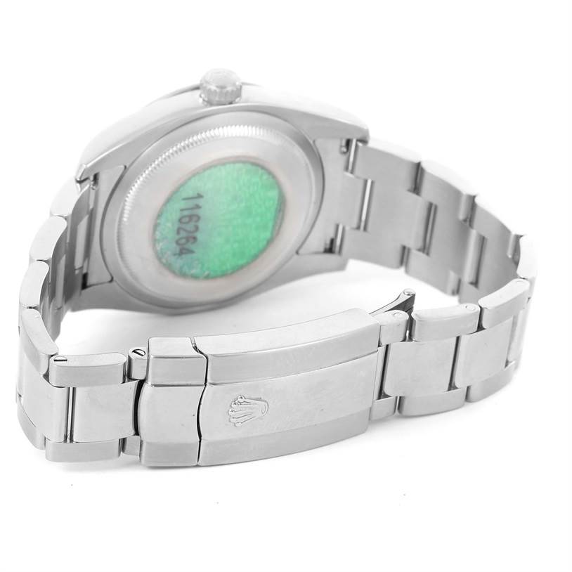 This image shows the back view of a Rolex Turn-o-Graph 116264 Men
s Stainless Steel Black Dial 116264 Men
s Stainless Steel Black Dial model, highlighting the bracelet and clasp.