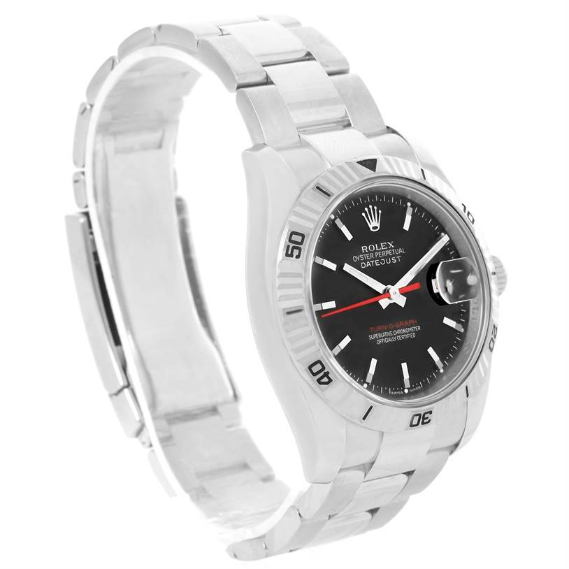 The image shows a side and front angle view of the Rolex Turn-o-Graph 116264 Men
s Stainless Steel Black Dial 116264 Men
s Stainless Steel Black Dial watch, highlighting its face, bezel, and bracelet.