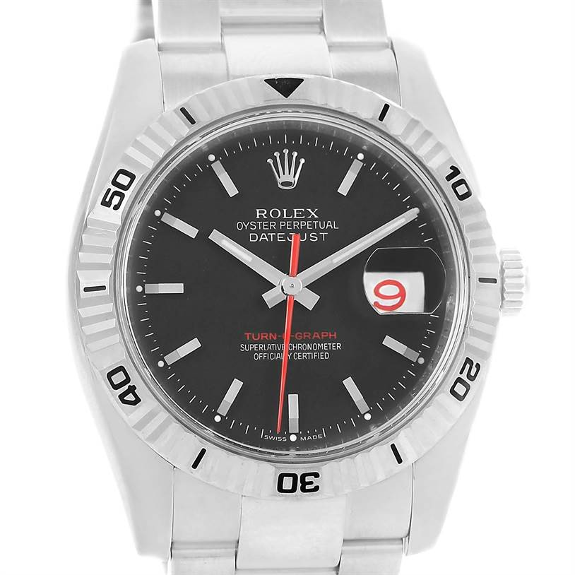 The image shows a front view of the Rolex Turn-o-Graph 116264 Men
s Stainless Steel Black Dial 116264 Men
s Stainless Steel Black Dial watch, highlighting the dial, bezel, and bracelet.