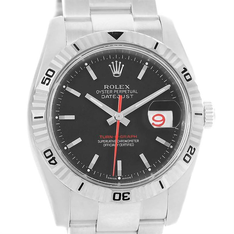 The image shows a front view of the Rolex Turn-o-Graph watch, highlighting the dial, bezel, and bracelet.