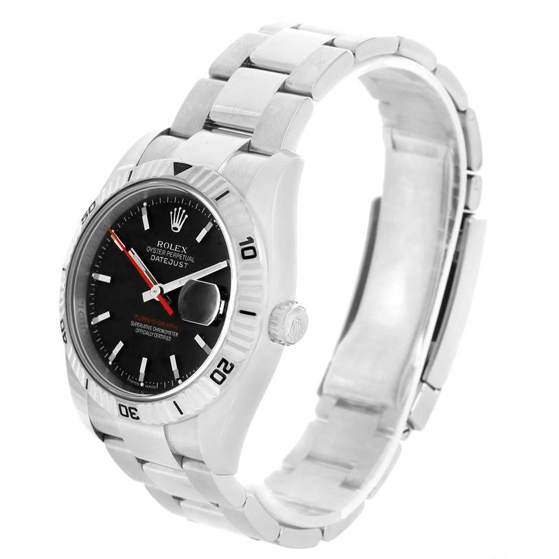 This image shows a Rolex Turn-o-Graph 116264 Men
s Stainless Steel Black Dial 116264 Men
s Stainless Steel Black Dial watch at an angle that highlights the face, bezel, crown, and bracelet.